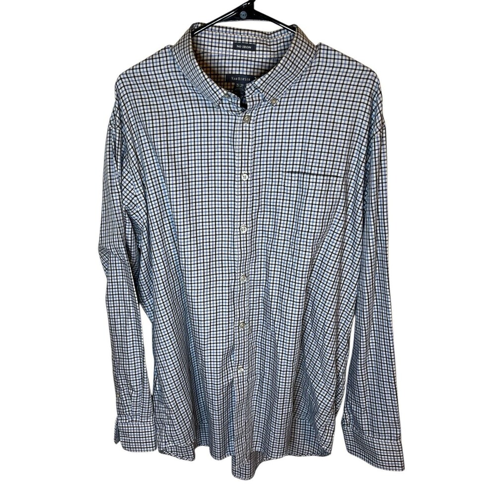 Van Heusen Men’s XL Blue Gray Plaid Button-Down Long Sleeve Shirt 17-17.5 Used